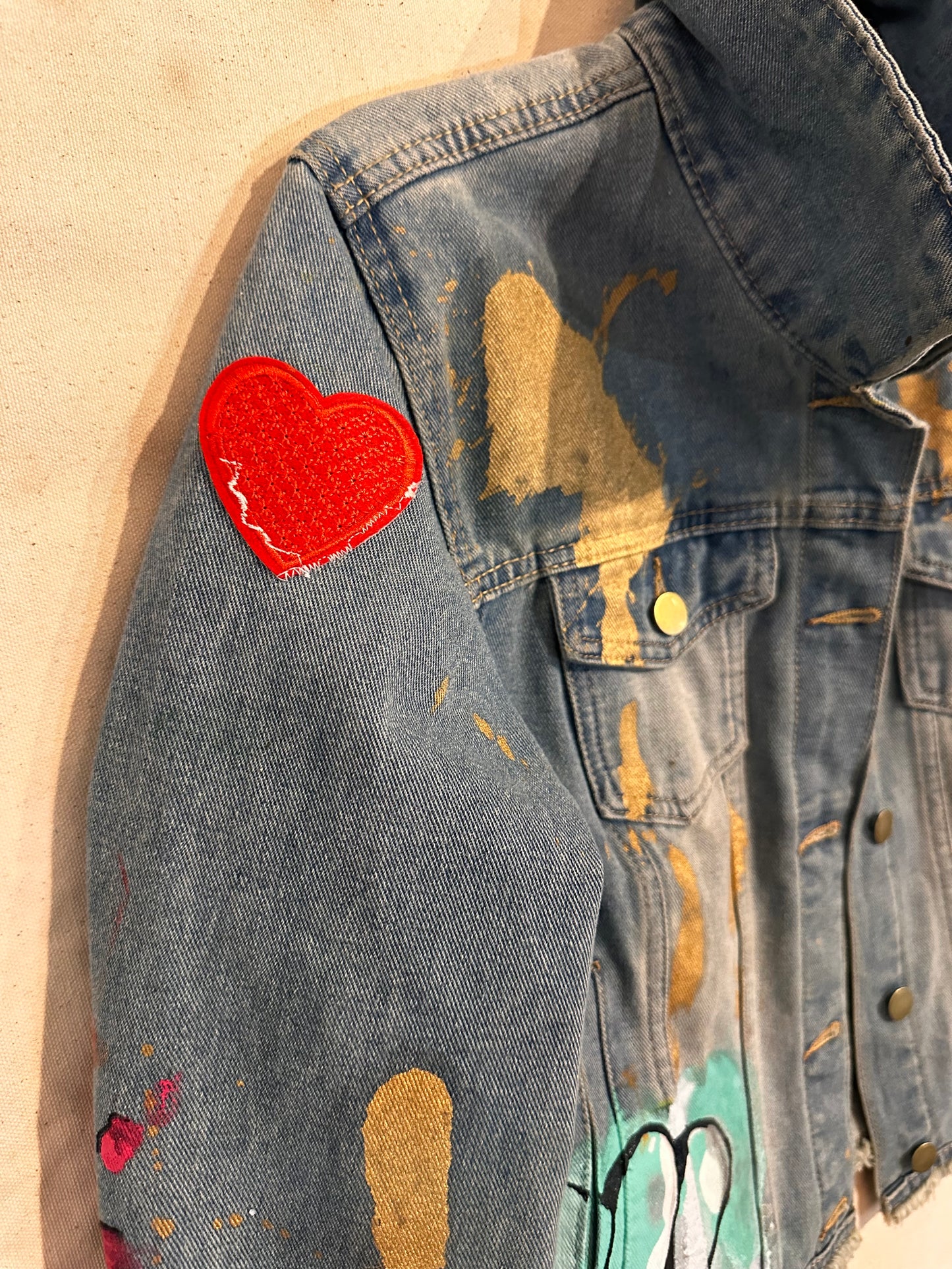 ***SOLD “Say Less!!” Jean Jacket - Mixed media on denim - Women's Size Medium - by Pedro AMOS - 2024