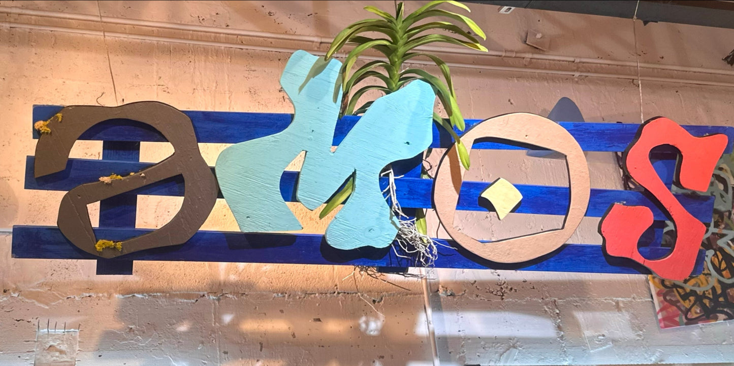 "Blue Fence" 72 x 22 inches - Hand Carved & Painted Wood - Pedro AMOS - 2023