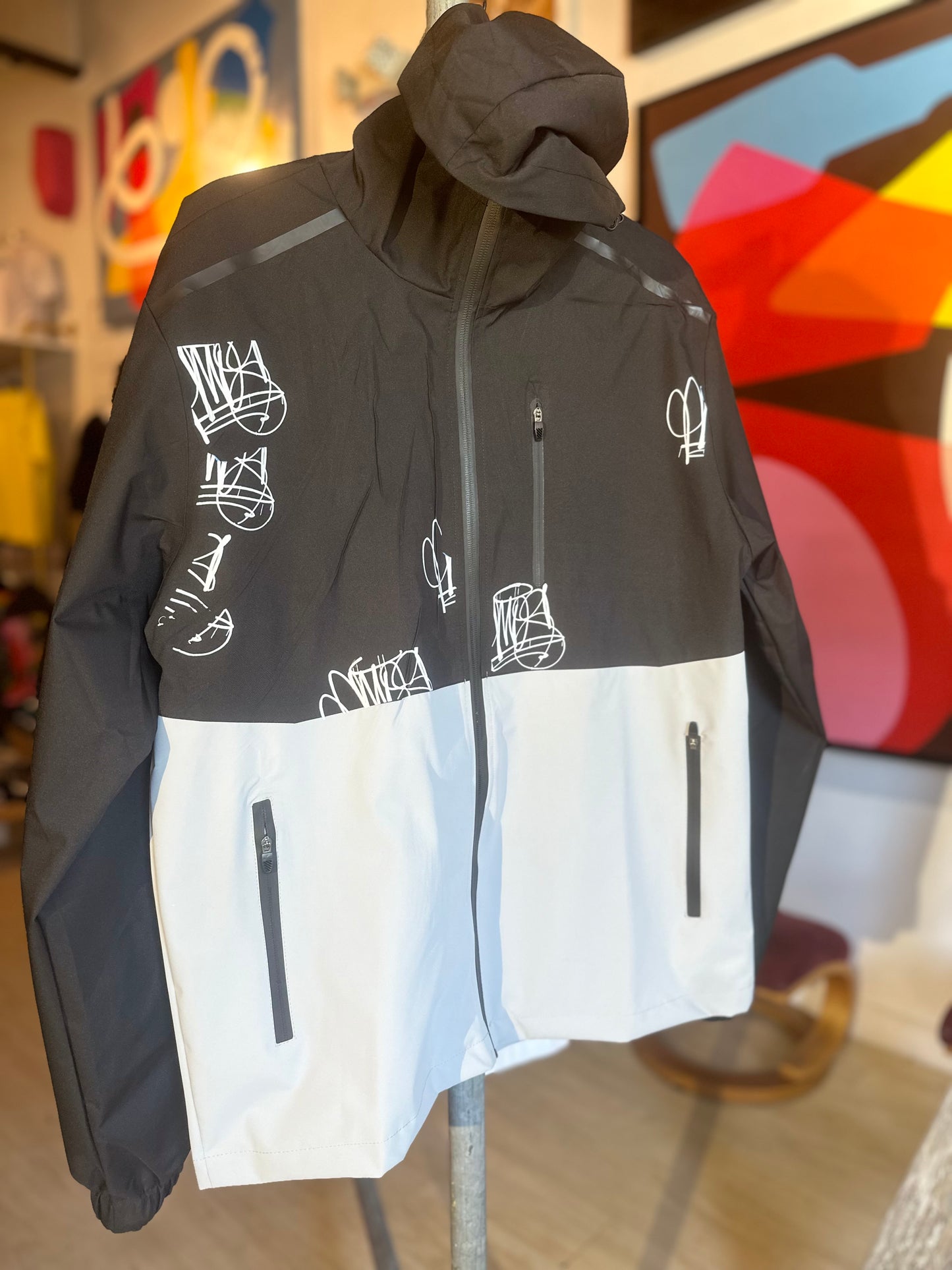 AMOS' "Hands" Jacket - Black and Grey with tags and Galeria Splash in back -Men's Large