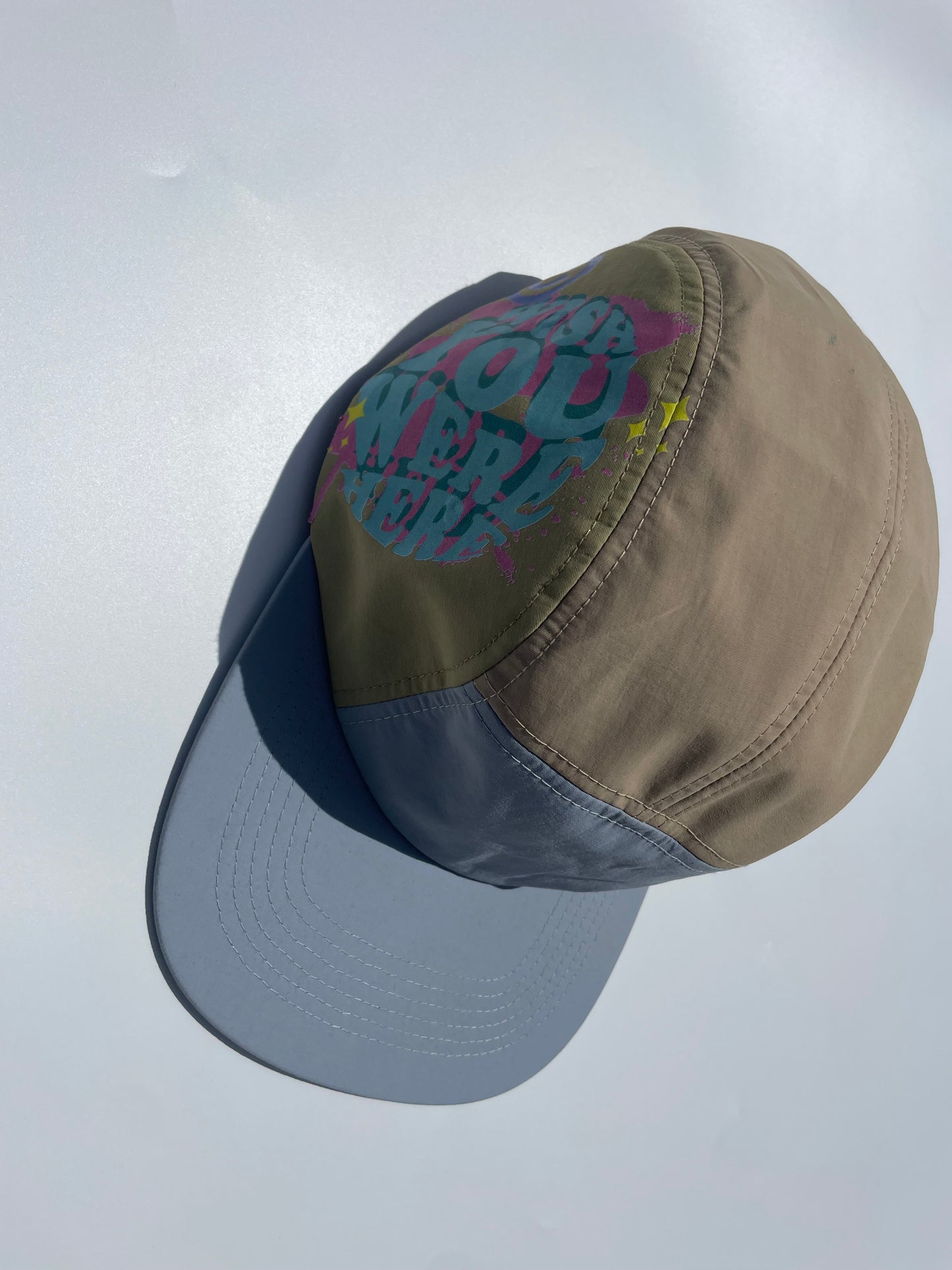 "Wish You Were Here" - 5-Panel Khaki and Blue with design on side and White AMOS tag in the front by AMOS