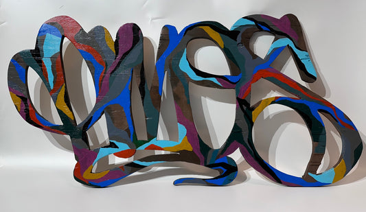 "The Tag"  - 24' x 48' inches. Hand Cut & Painted Wood - Pedro AMOS - 2023