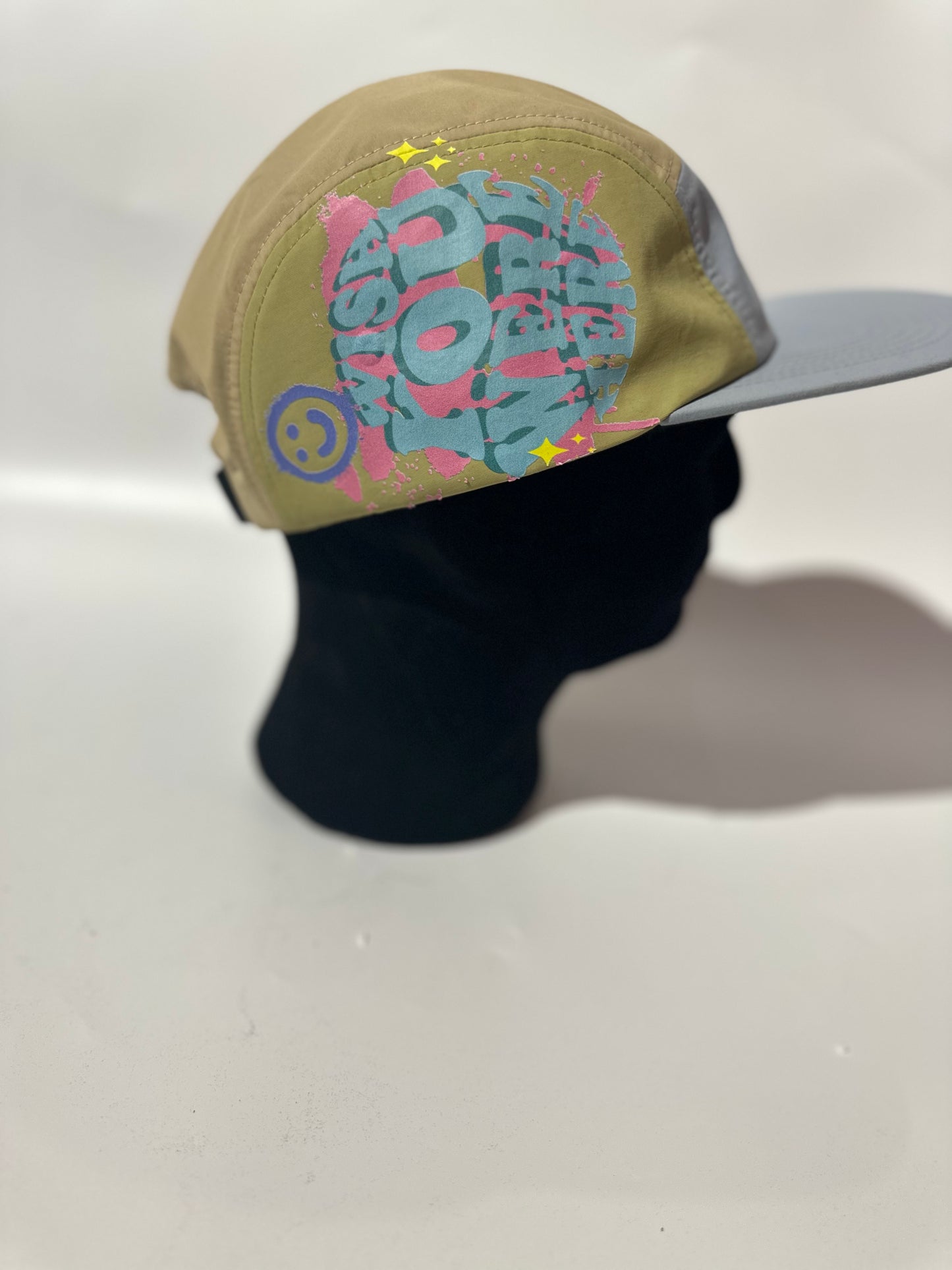 "Wish You Were Here" - 5-Panel Khaki and Blue with design on side and White AMOS tag in the front by AMOS