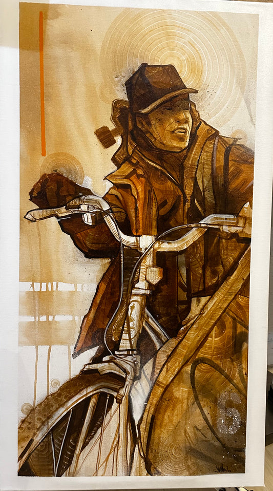 "Biker" - 38 x 21" inches - Water color on Canvas by Wiz 2023